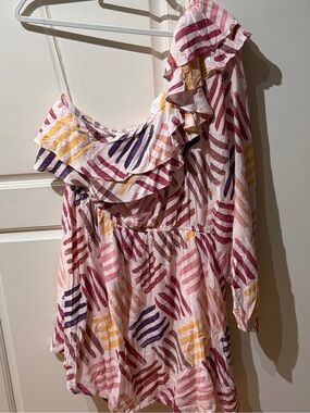 One-Shoulder Ruffle Dress in Multi-Pink Stripe